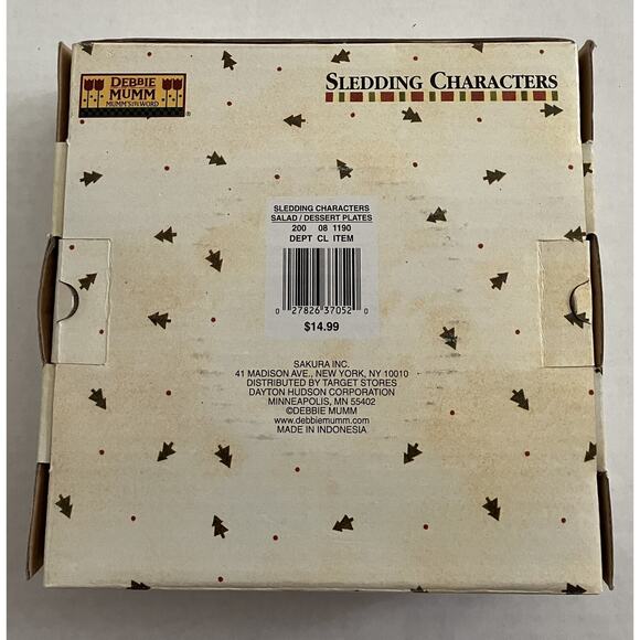 Sakura Debbie Mumm 4 Stoneware 8” Salad Dessert Plates Sledding Characters NOB - Picture 2 of 11